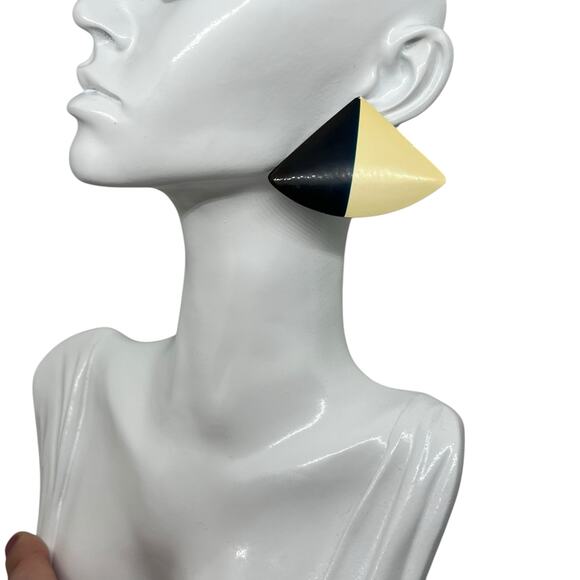 Geometric Two-Tone Cone Earring - Vintage Cream & Navy Statement Jewelry Pendant - Picture 1 of 8